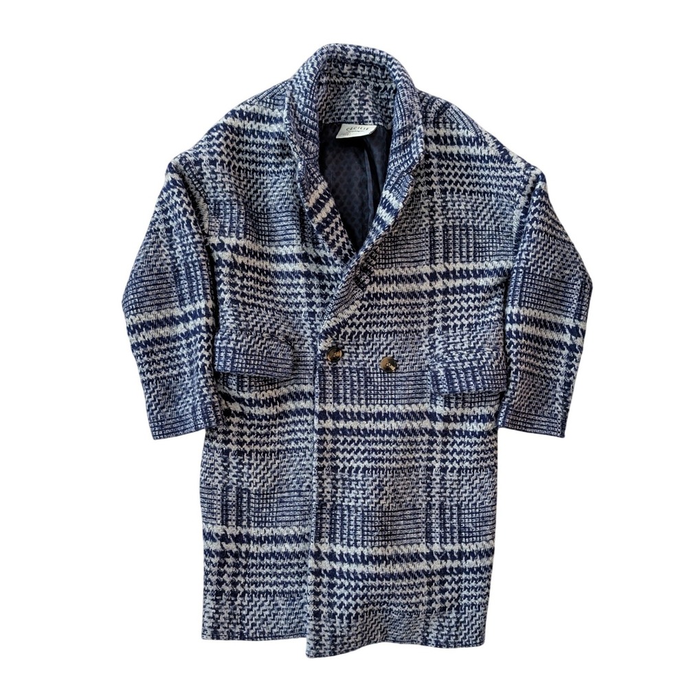 CECILIE Copenhagen Anthropologie Alvia Plaid Overcoat Navy Wool Blend Coat- S - Picture 2 of 9